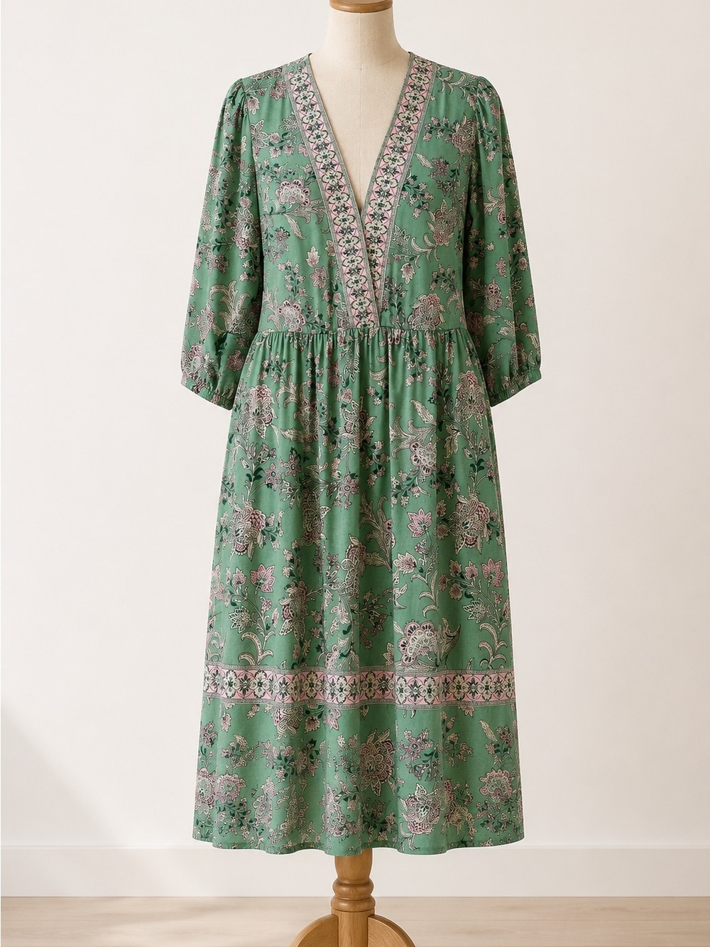 J. Jill Green Floral V-Neck Midi Dress